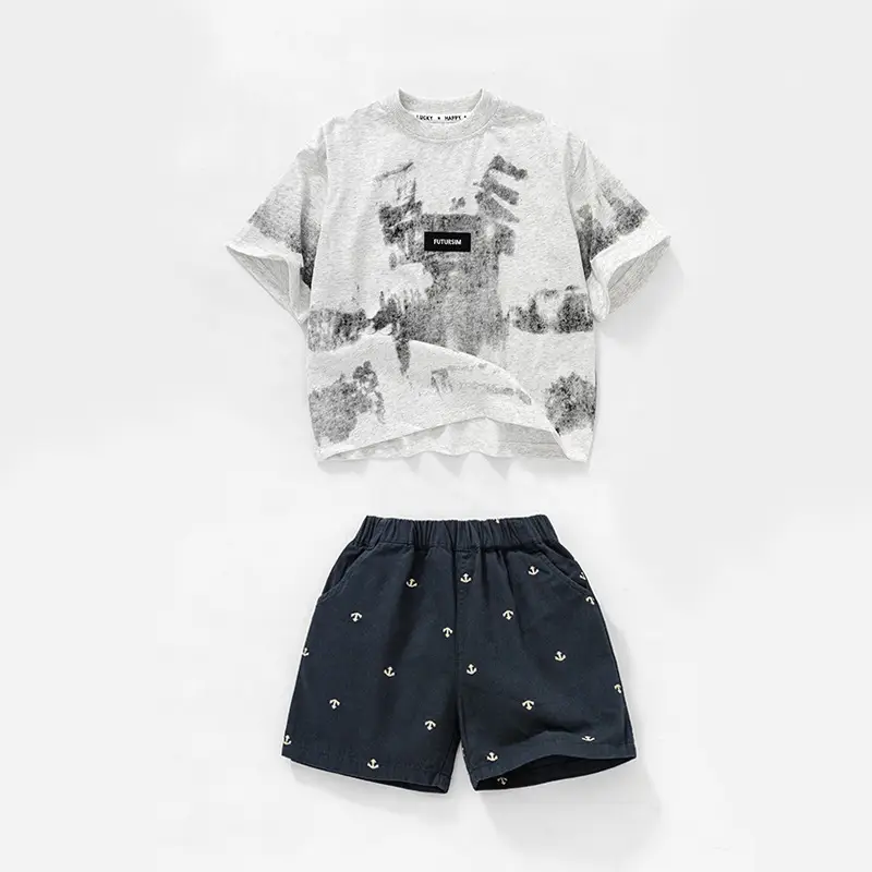 Boys T-Shirt Shorts Set Gray Print Summer Wear - Image 4