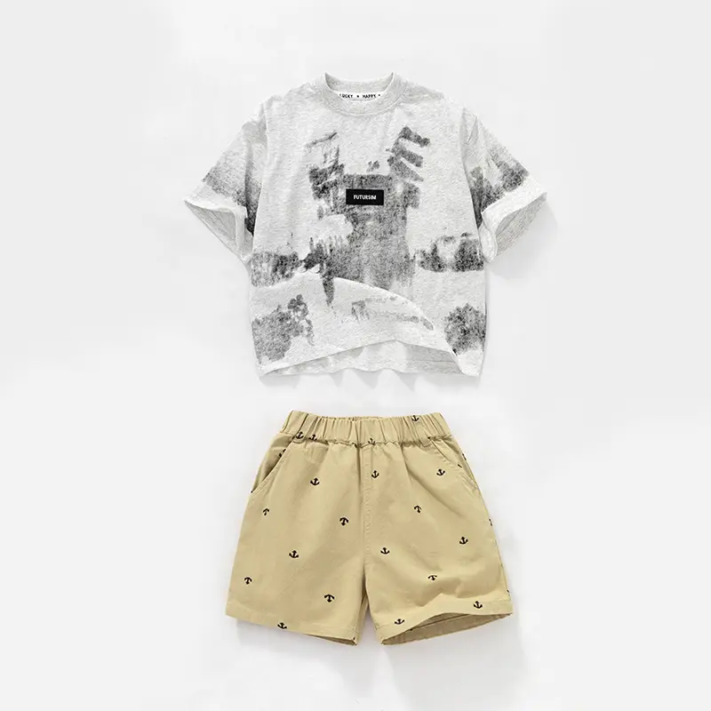Boys T-Shirt Shorts Set Gray Print Summer Wear - Image 5