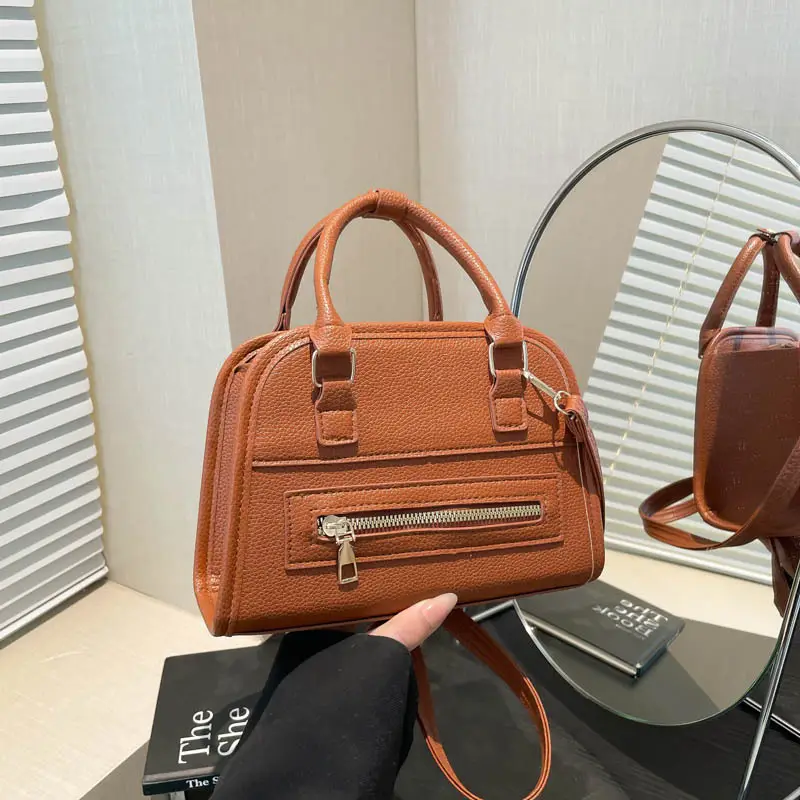 Women's Zipper Shoulder Bag Brown Leather Cartoon Style - Image 6