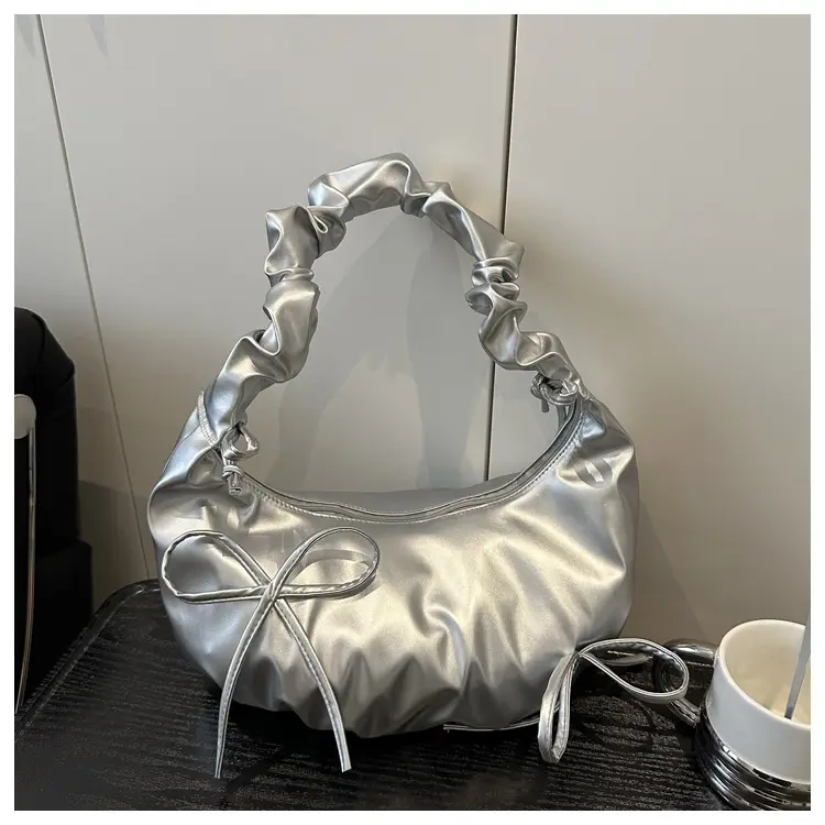 Silver Pleated Bow Shoulder Bag for Women 2025 - Image 8