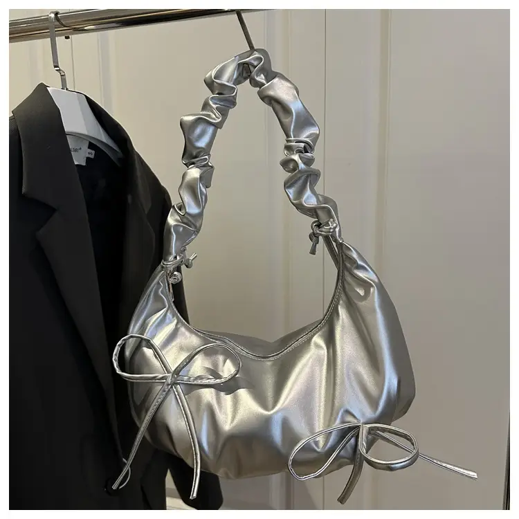 Silver Pleated Bow Shoulder Bag for Women 2025 - Image 2