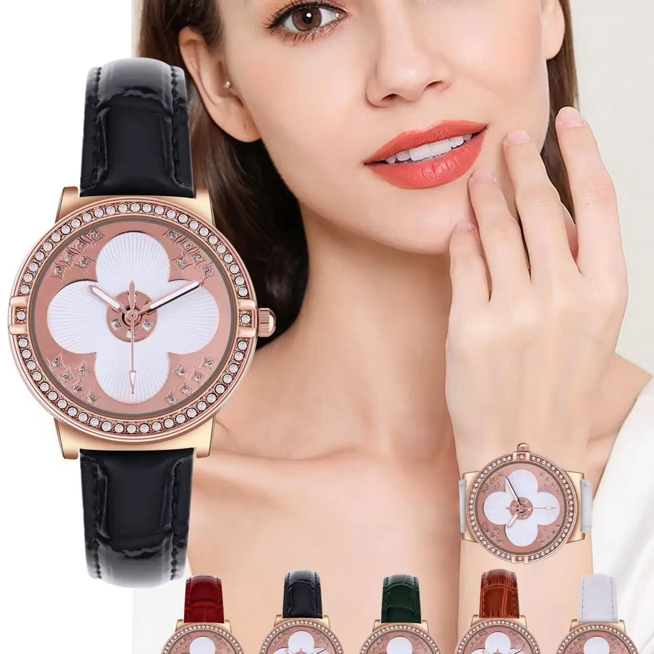 Women's 2025 Quartz Watch with Four-Leaf Clover Rhinestone Rose Gold Case - Image 7