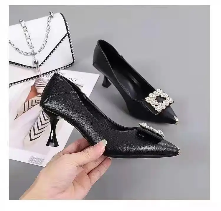 Women's Black Pearl Pointed Toe Stiletto Heels with Crystal Decor â feature 9