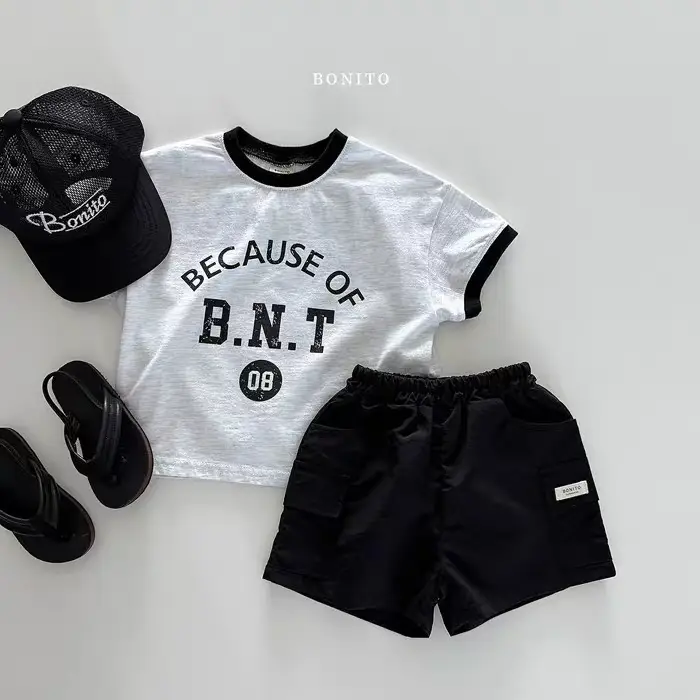 Baby T-Shirt "Because of B.N.T" Cotton Black Shorts Set — feature 7