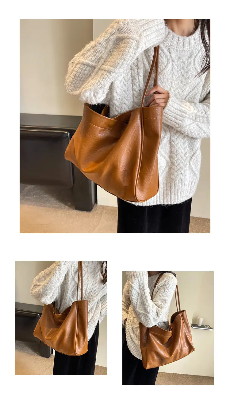 Brown Large Capacity Women's Leather Tote Bag — feature 21