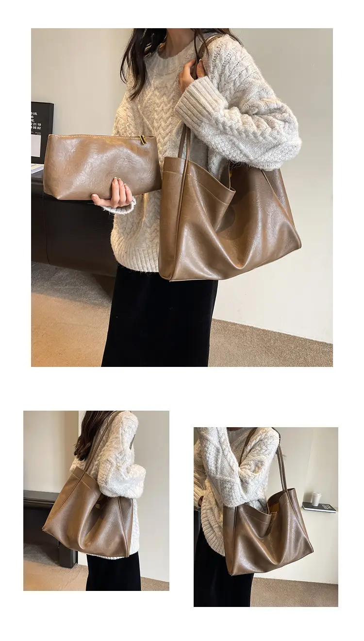 Brown Large Capacity Women's Leather Tote Bag — feature 22