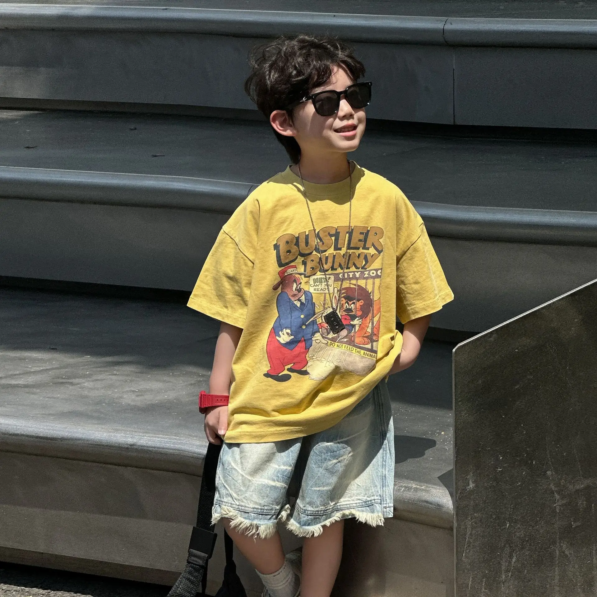 Kids Printed T-Shirt Yellow Boys Summer Loose Fit — feature 2