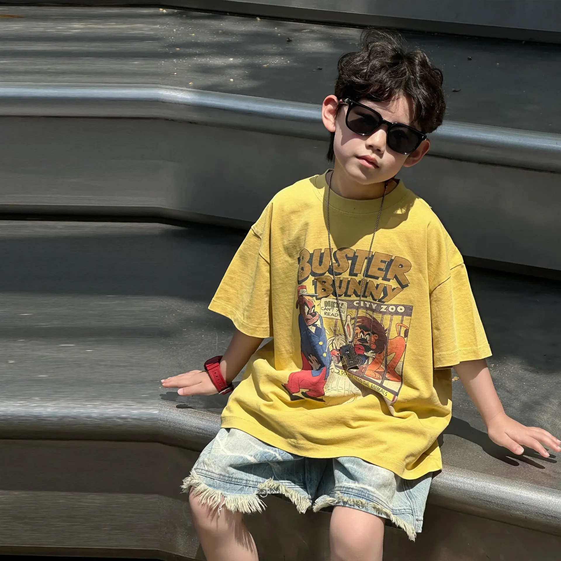 Kids Printed T-Shirt Yellow Boys Summer Loose Fit — feature 9