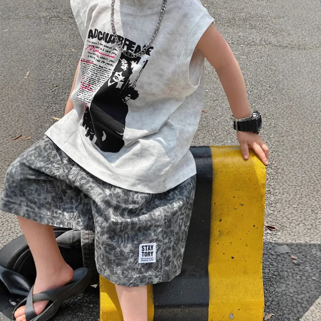 2025 Summer Boys American Streetwear Suit Sleeveless T-Shirt Leopard Print Shorts - Image 2
