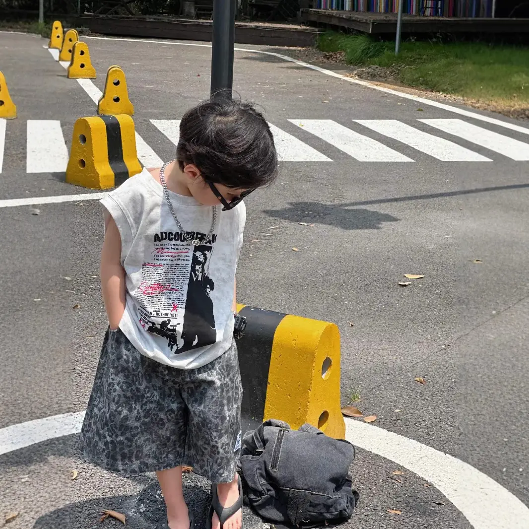 2025 Summer Boys American Streetwear Suit Sleeveless T-Shirt Leopard Print Shorts - Image 3
