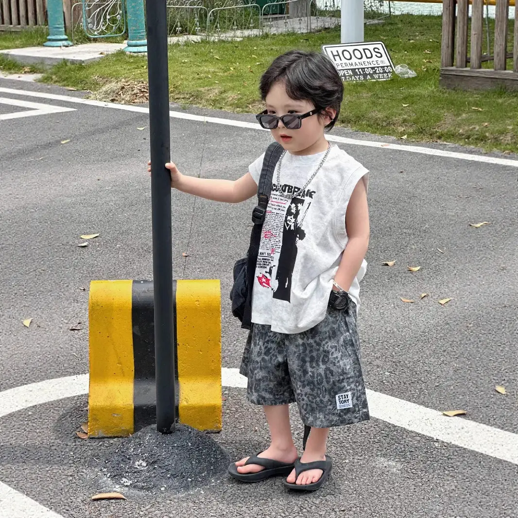 2025 Summer Boys American Streetwear Suit Sleeveless T-Shirt Leopard Print Shorts - Image 4
