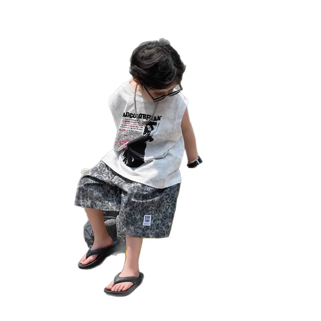 2025 Summer Boys American Streetwear Suit Sleeveless T-Shirt Leopard Print Shorts - Image 5