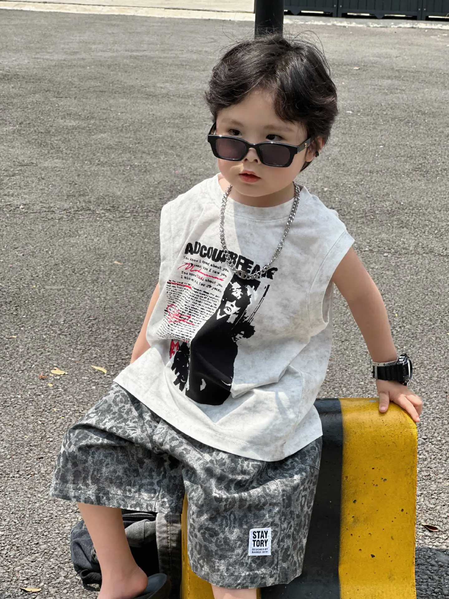 2025 Summer Boys American Streetwear Suit Sleeveless T-Shirt Leopard Print Shorts — feature 7