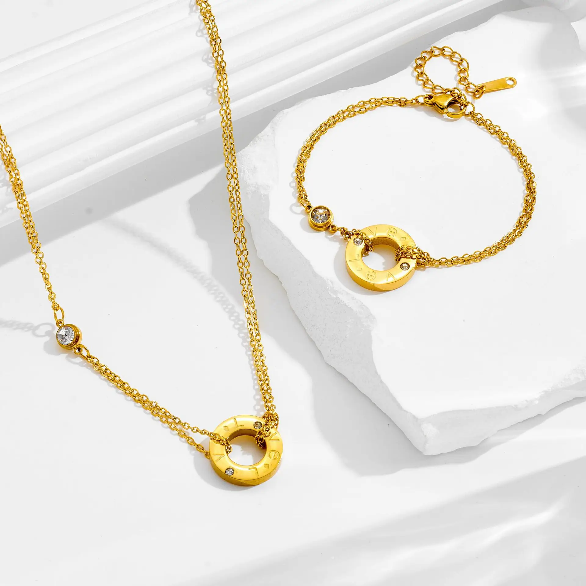 Gold Diamond Double Chain Bracelet & Necklace Set
