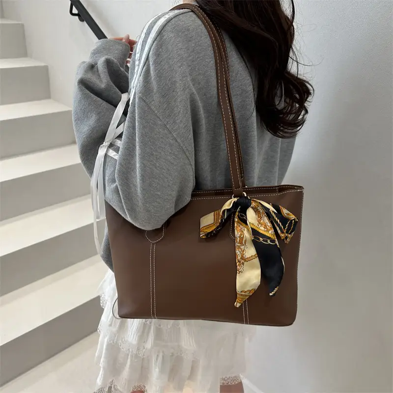 Minimalist Silk Scarf Tote Bag Brown Black Brown