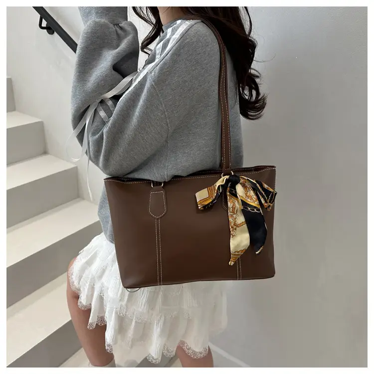 Minimalist Silk Scarf Tote Bag Brown Black Brown — feature 14