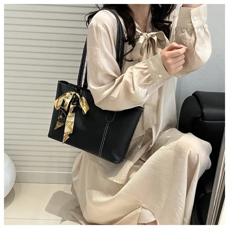 Minimalist Silk Scarf Tote Bag Brown Black Brown — feature 2