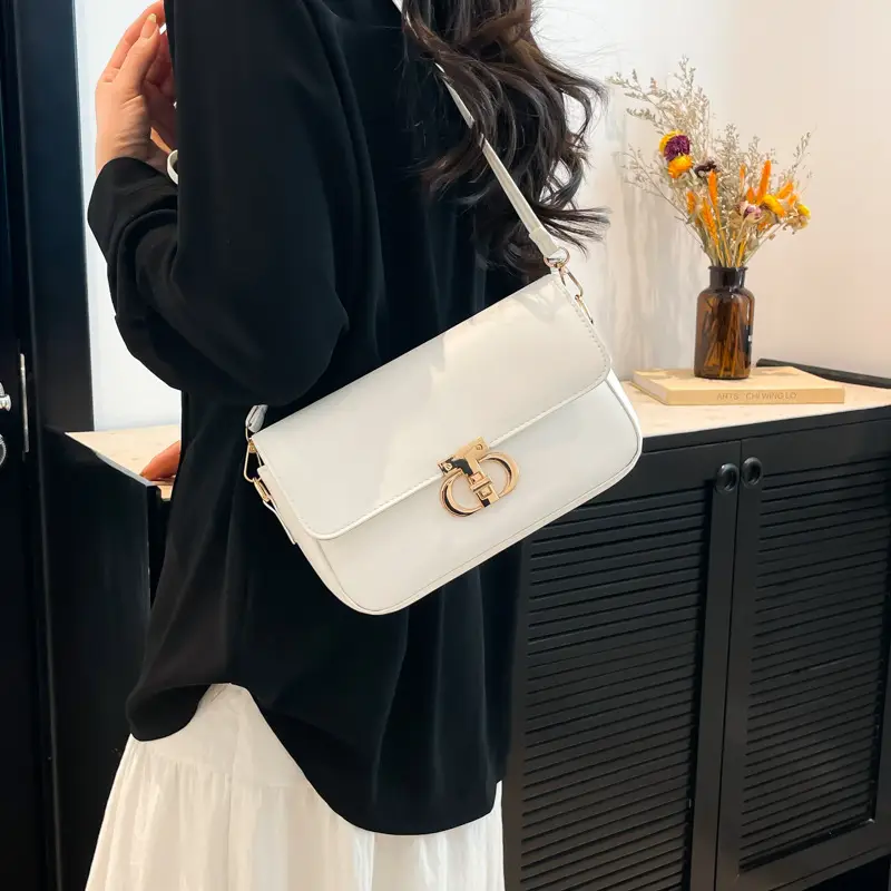 White Retro Lock Crossbody Bag for Women - Image 5
