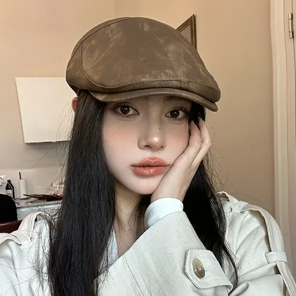 Autumn Winter British Japanese Retro Pu Leather Forward Cap Women's Painter Hat Hong Kong Style Beret Niche Baseball Cap