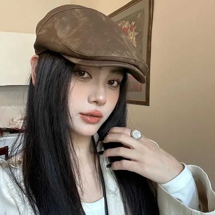 Autumn Winter British Japanese Retro Pu Leather Forward Cap Women's Painter Hat Hong Kong Style Beret Niche Baseball Cap
