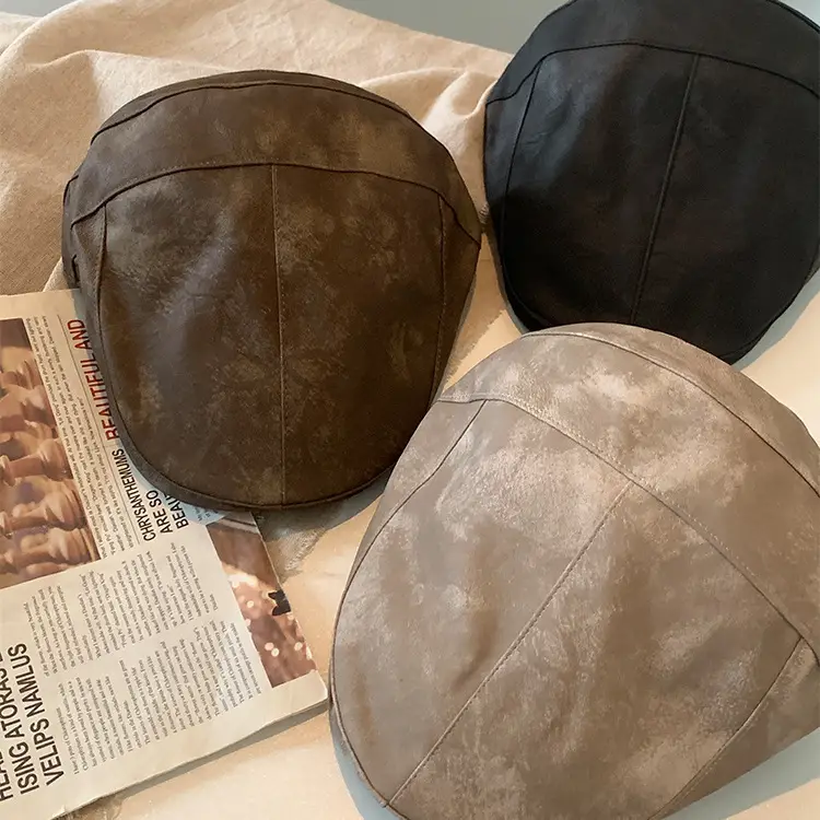 Autumn Winter British Japanese Retro Pu Leather Forward Cap Women's Painter Hat Hong Kong Style Beret Niche Baseball Cap