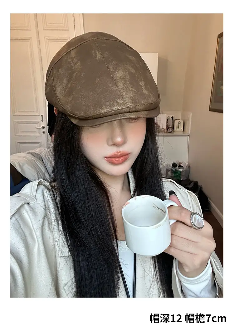 Autumn Winter British Japanese Retro Pu Leather Forward Cap Women's Painter Hat Hong Kong Style Beret Niche Baseball Cap — feature 10