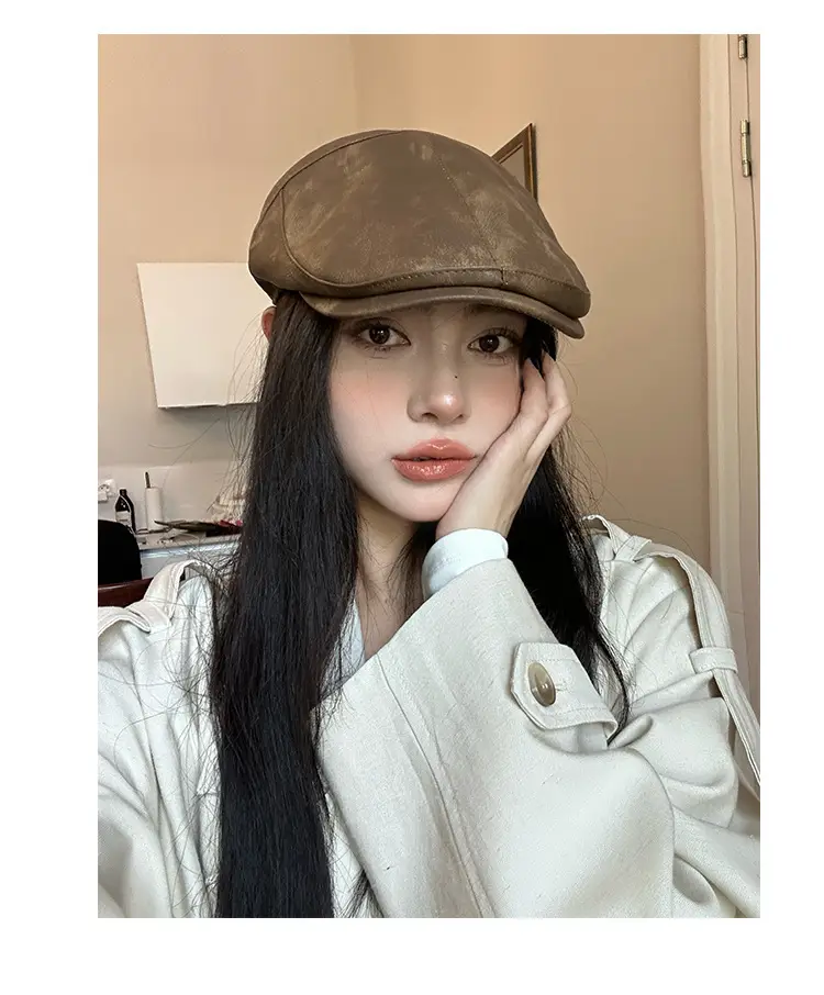 Autumn Winter British Japanese Retro Pu Leather Forward Cap Women's Painter Hat Hong Kong Style Beret Niche Baseball Cap — feature 12