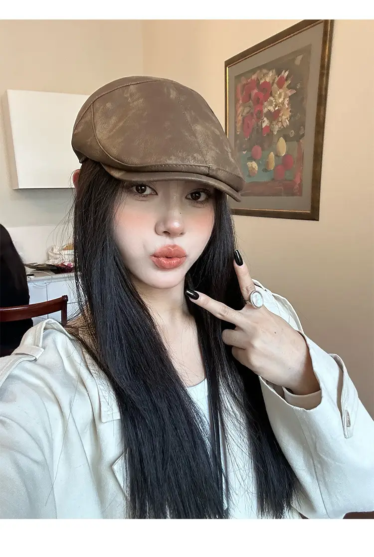 Autumn Winter British Japanese Retro Pu Leather Forward Cap Women's Painter Hat Hong Kong Style Beret Niche Baseball Cap — feature 13