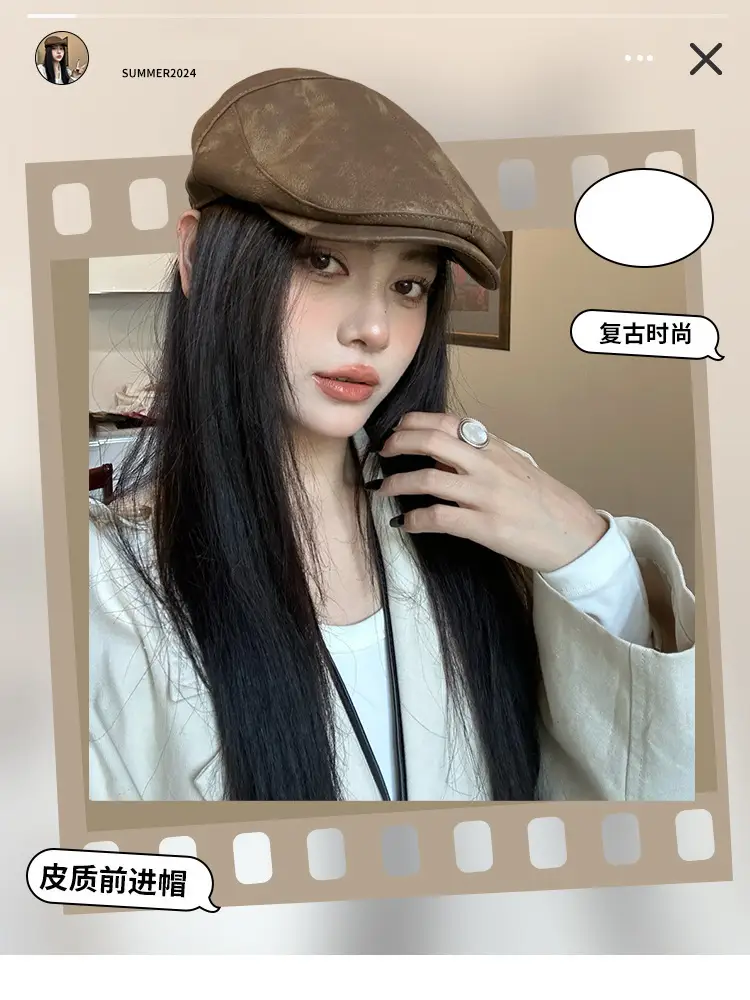 Autumn Winter British Japanese Retro Pu Leather Forward Cap Women's Painter Hat Hong Kong Style Beret Niche Baseball Cap — feature 5