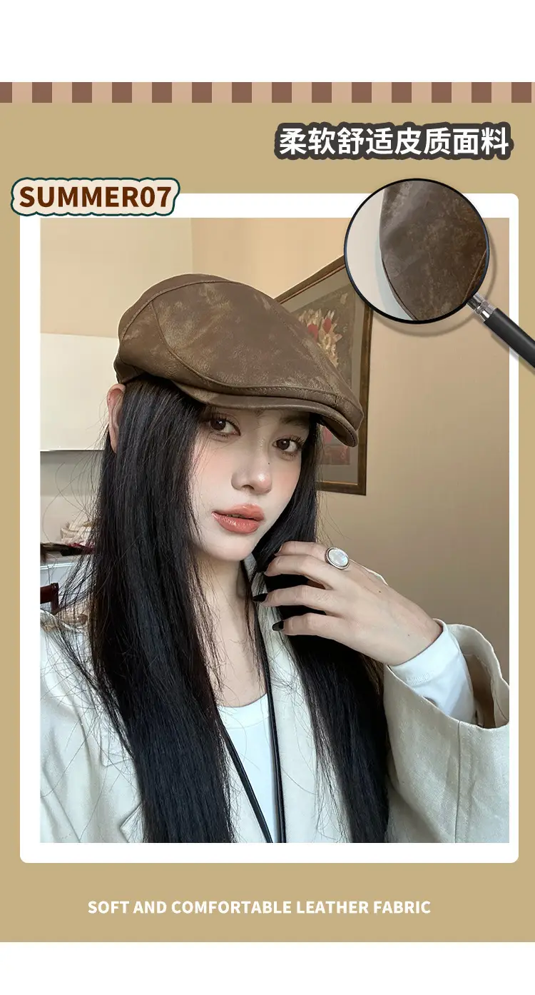 Autumn Winter British Japanese Retro Pu Leather Forward Cap Women's Painter Hat Hong Kong Style Beret Niche Baseball Cap — feature 7