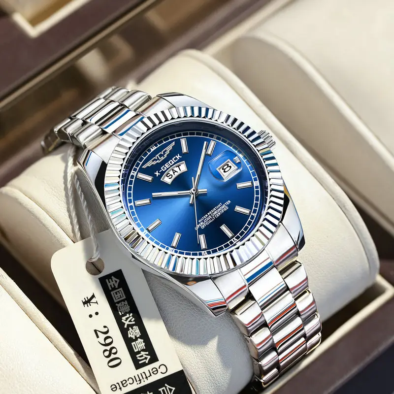Men's Gold Steel Band Automatic Calendar Watch