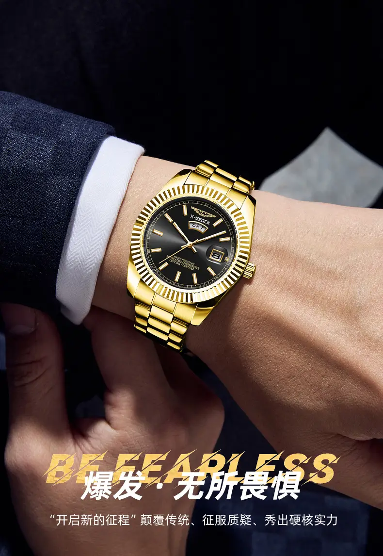 Men's Gold Steel Band Automatic Calendar Watch — feature 2