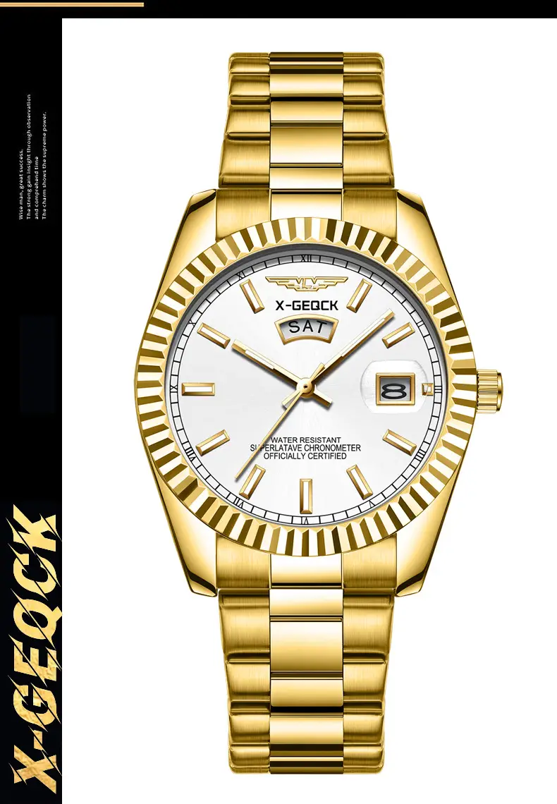 Men's Gold Steel Band Automatic Calendar Watch — feature 4