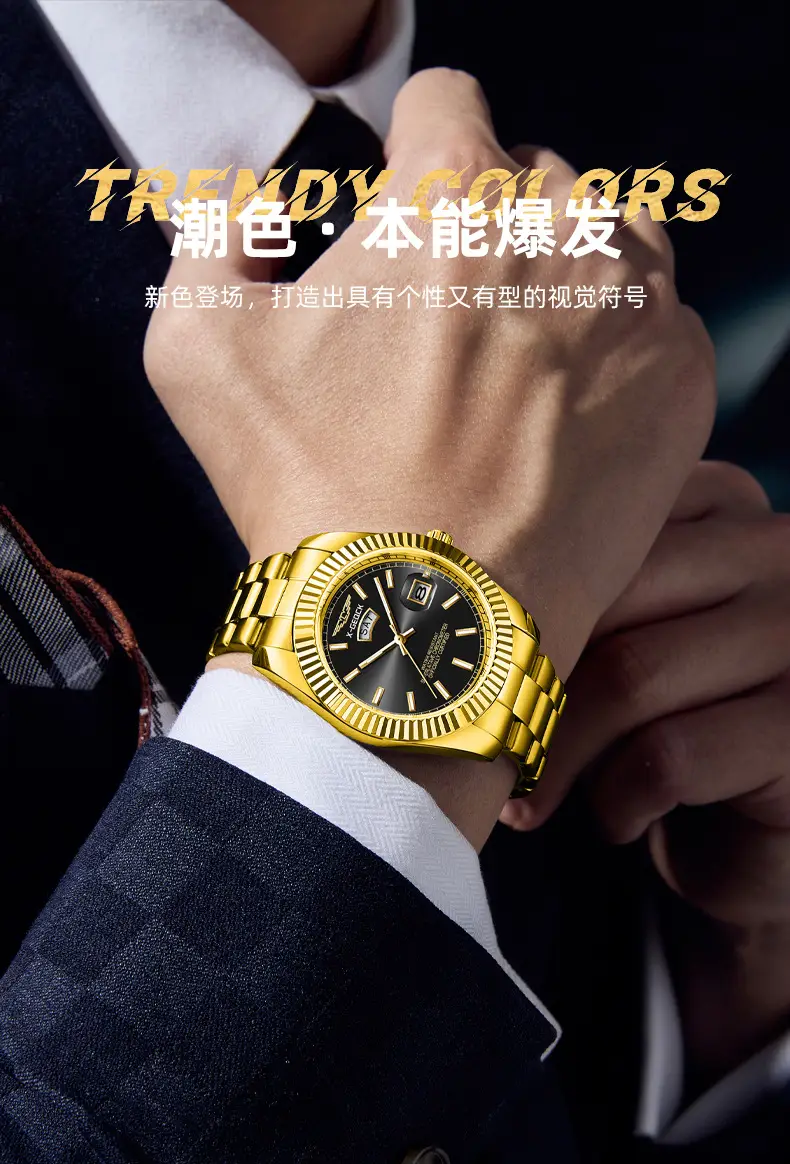 Men's Gold Steel Band Automatic Calendar Watch — feature 7
