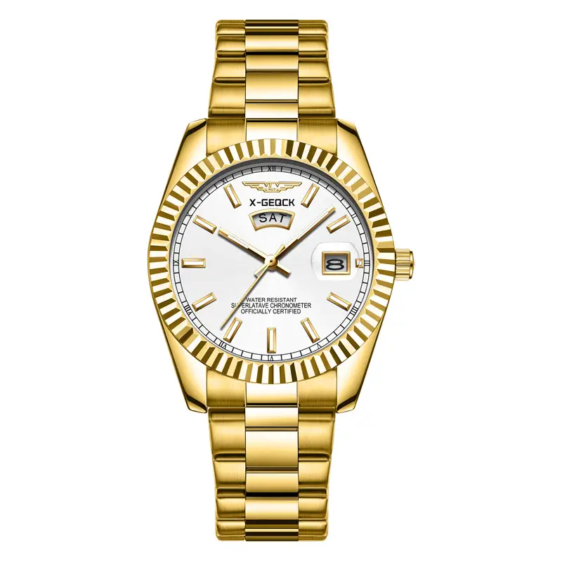 Men's Gold Steel Band Automatic Calendar Watch