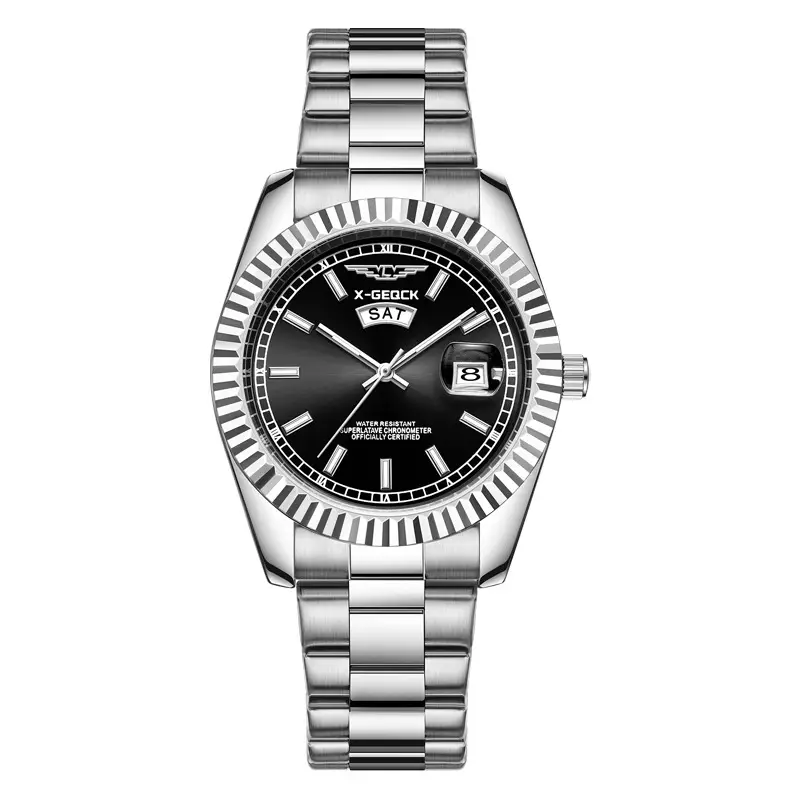Men's Gold Steel Band Automatic Calendar Watch