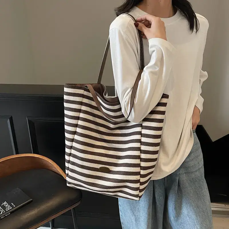 Women Striped Canvas Tote Bag Large Capacity Lightweight Commuting - Image 6