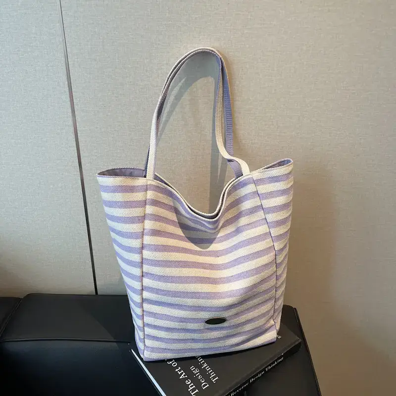 Women Striped Canvas Tote Bag Large Capacity Lightweight Commuting - Image 7