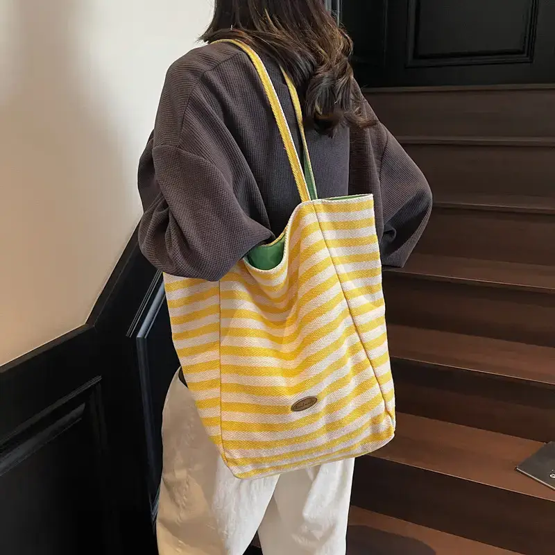 Women Striped Canvas Tote Bag Large Capacity Lightweight Commuting - Image 8