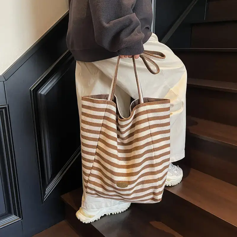 Women Striped Canvas Tote Bag Large Capacity Lightweight Commuting - Image 9