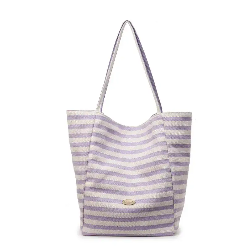Women Striped Canvas Tote Bag Large Capacity Lightweight Commuting - Image 10