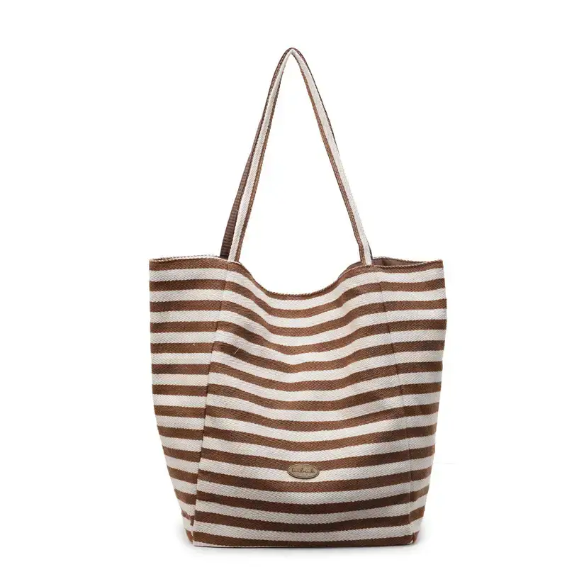 Women Striped Canvas Tote Bag Large Capacity Lightweight Commuting - Image 2