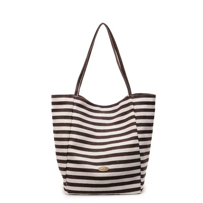Women Striped Canvas Tote Bag Large Capacity Lightweight Commuting - Image 4