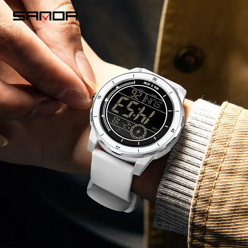 Sanda Digital Alarm Clock Watch White Silicone Strap - Image 10