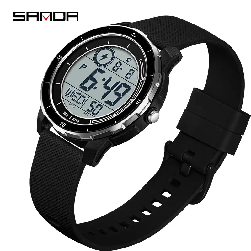 Sanda Digital Alarm Clock Watch White Silicone Strap - Image 2