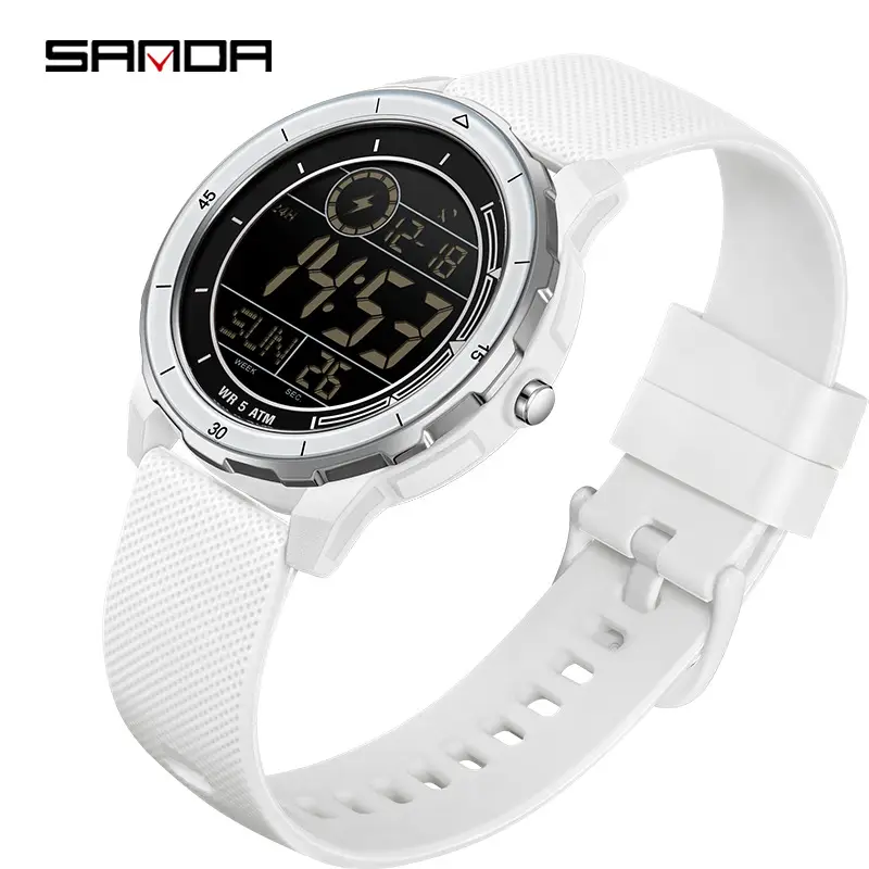 Sanda Digital Alarm Clock Watch White Silicone Strap - Image 7