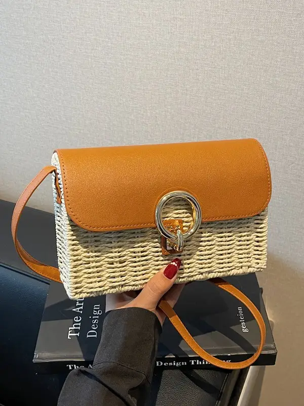 Women Beach Bag Orange Woven Square Shoulder Crossbody - Image 3