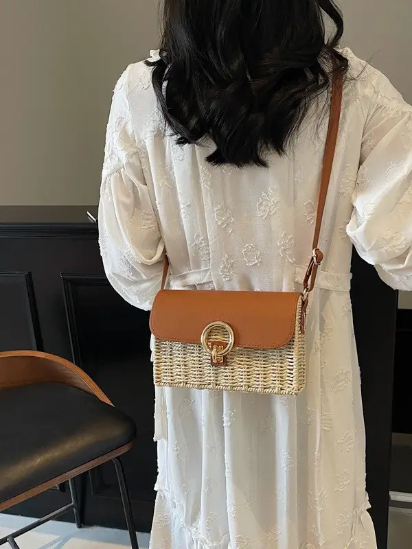 Women Beach Bag Orange Woven Square Shoulder Crossbody - Image 4