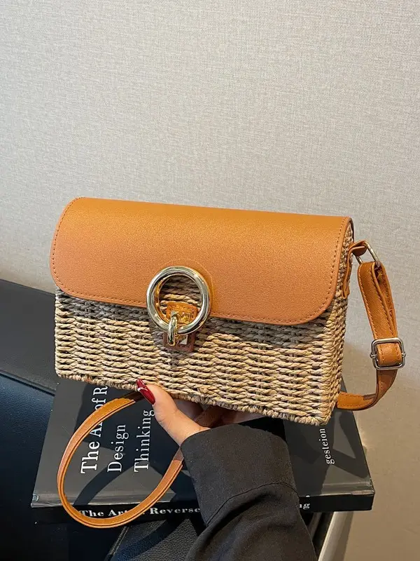 Women Beach Bag Orange Woven Square Shoulder Crossbody - Image 5