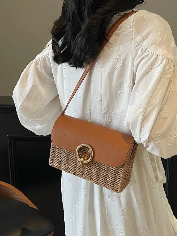 Women Beach Bag Orange Woven Square Shoulder Crossbody - Image 6